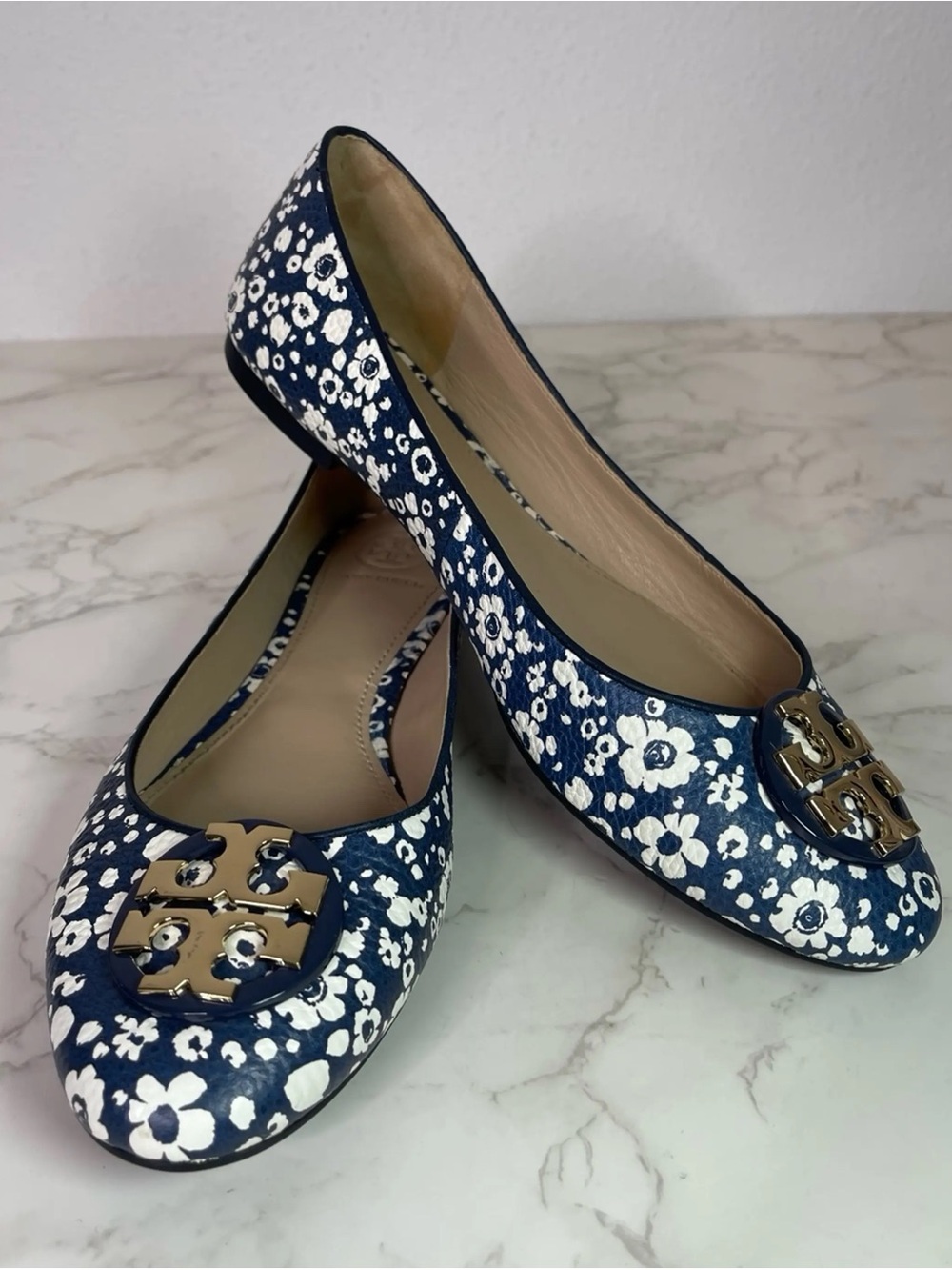 Tory Burch Navy and White Floral Reva Ballet Flats